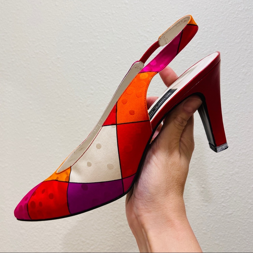 Vintage 80s Stuart Weitzman Bright Colorblock Sling Back Kitten High Heels 7 1/2